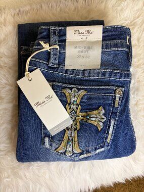 Miss Me Cross Embellished Turquoise Stone Bootcut Jeans 27x32 Rhinestone NWT
